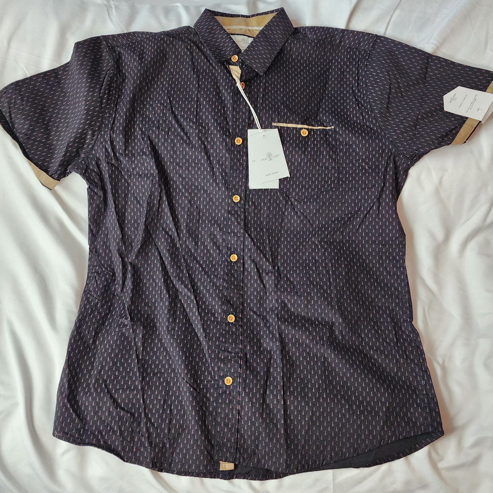 Craft + Flow Navy Patterned Button Up Shirt Large NWT